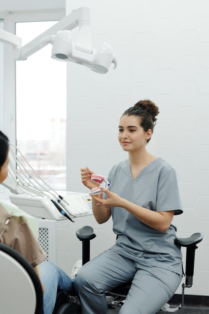 Dental professional demonstrating oral care to a patient using a model in a modern clinic.